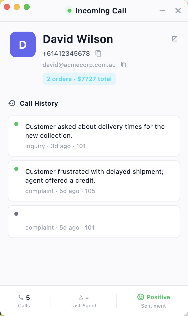 CallPop incoming call popup showing David Wilson with order history and previous call summaries