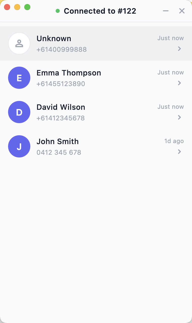 CallPop desktop app showing recent incoming calls on extension 122